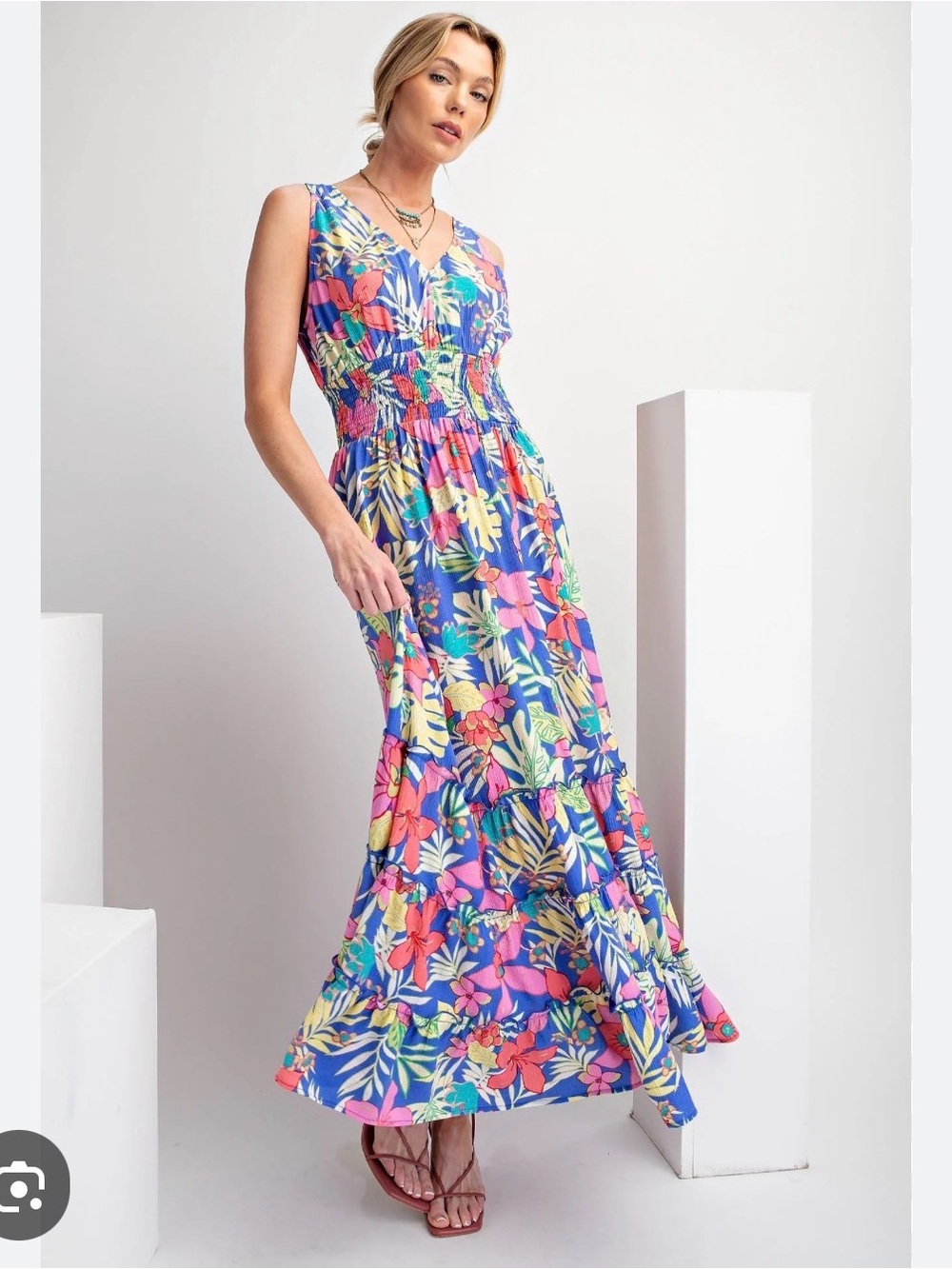 Easel Floral Tie-Back One-Piece Dress in Blue